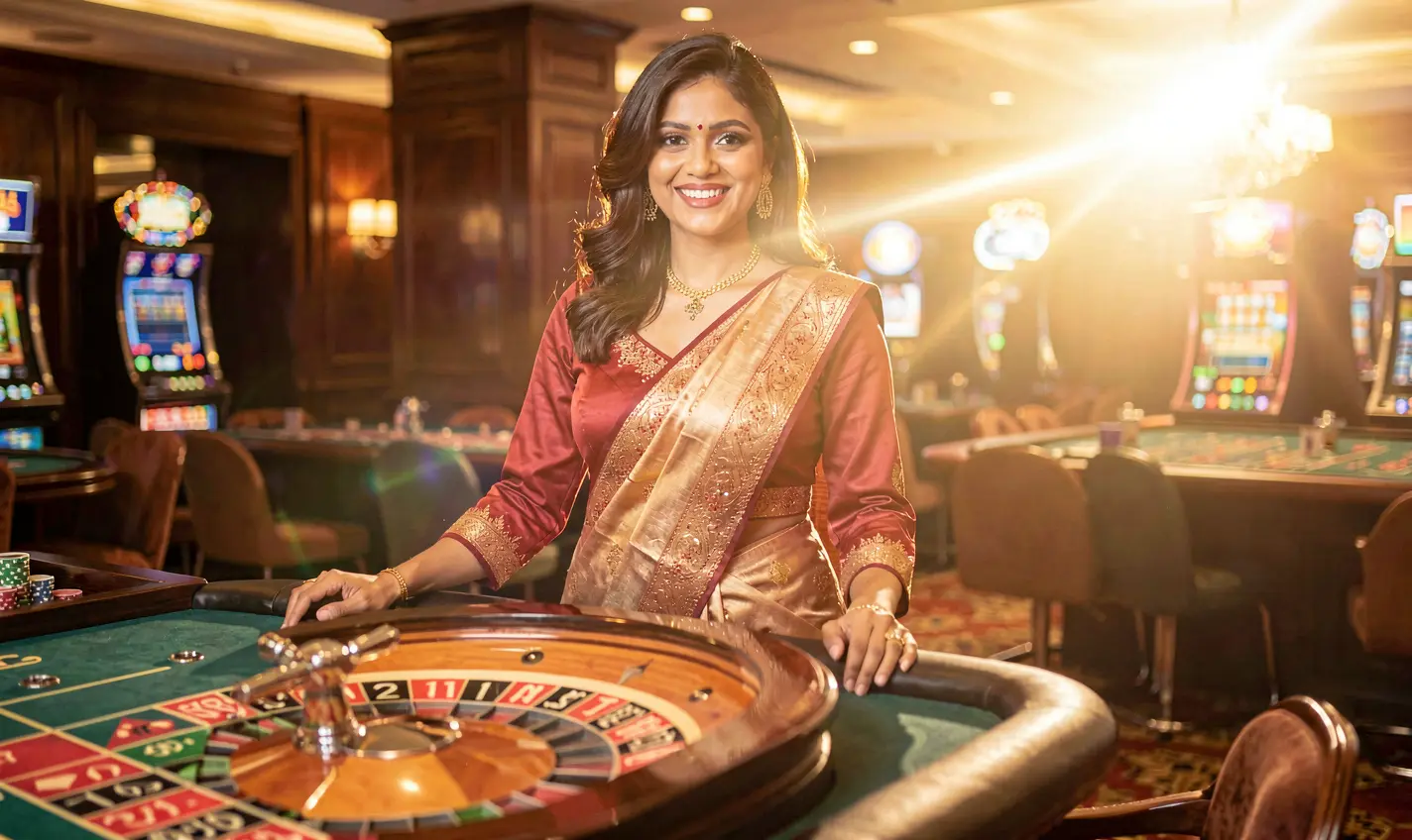 Elegant Bangladeshi casino hostess warmly welcoming players at a roulette table with glowing lights and a premium BD388 casino atmosphere