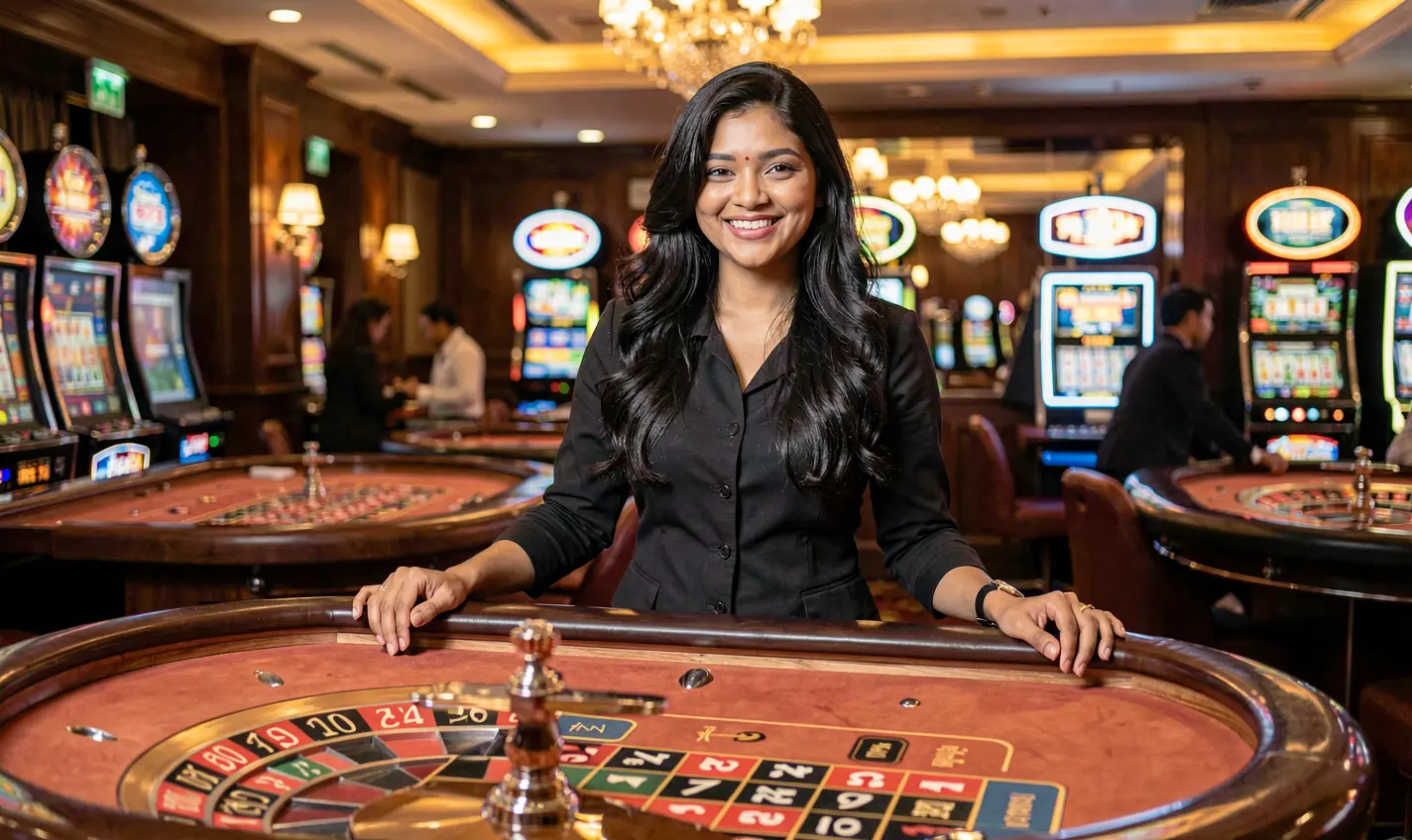 Smiling live casino hostess presenting a roulette table in a vibrant casino setting highlighting the interactive live dealer experience at BD388 for Bangladesh