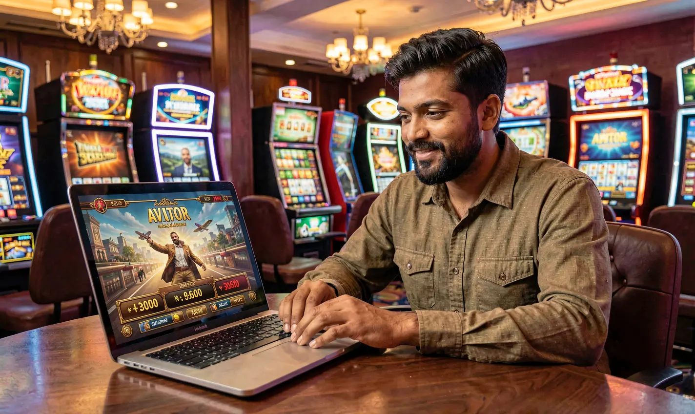 Confident Bangladeshi player using a laptop to play online casino games with visible betting elements and a premium gaming atmosphere at BD388
