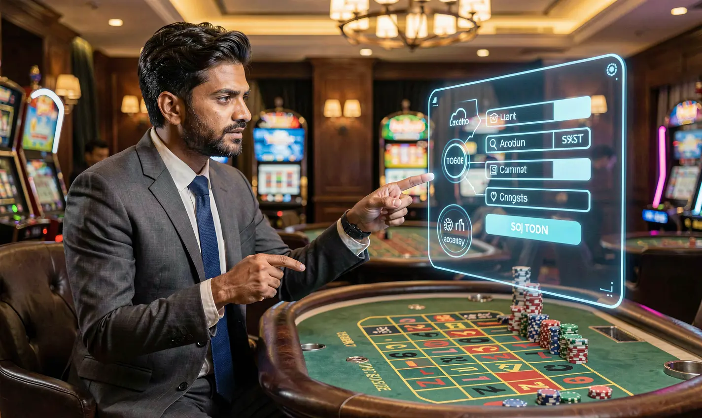 Modern Bangladeshi casino dealer pointing at a glowing holographic login panel with a roulette table behind him representing secure access at BD388