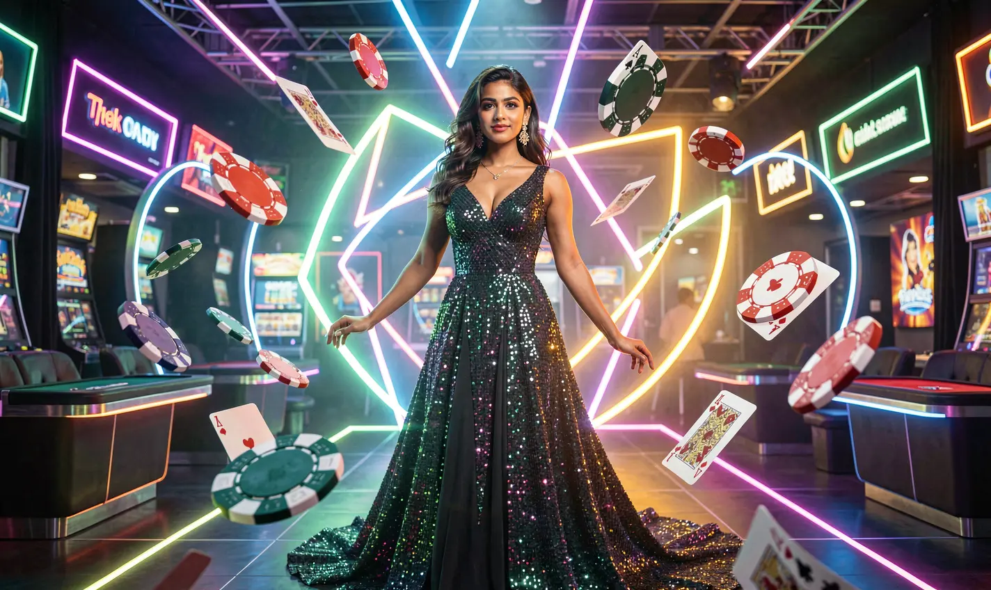 Elegant casino scene with a glamorous Bangladeshi woman in a sparkling dress surrounded by glowing chips and cards highlighting the premium gaming atmosphere of BD388