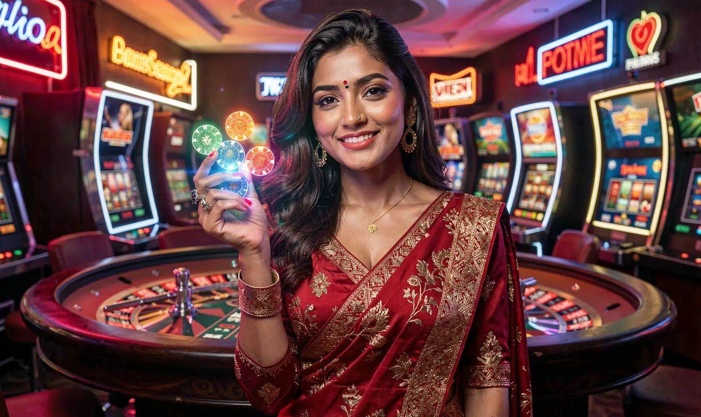 Elegant casino atmosphere with a confident woman in a red dress holding poker chips near a roulette table showcasing the premium gaming experience of BD388 in Bangladesh