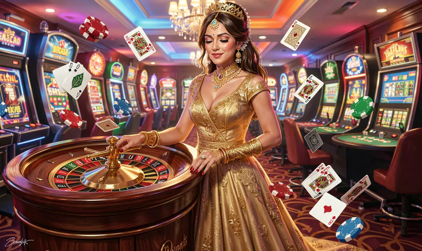 Stylish woman in a golden evening dress standing in a vibrant casino scene with a roulette wheel and flying chips representing the premium gaming environment of BD388 for players in Bangladesh